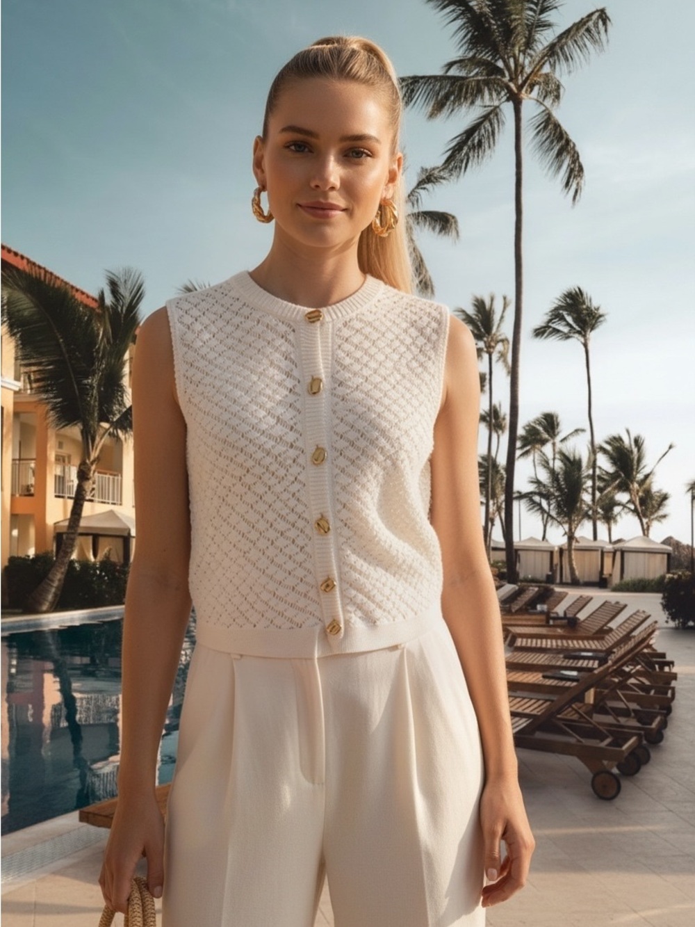 NWT Joie Crochet Knit Sleeveless Cardigan/Vest in White/Gold Size Medium
